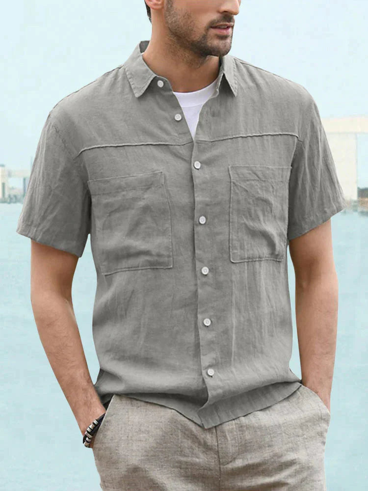 Linen Style Short Sleeve Two Pocket Shirt coofandystore Grey S 