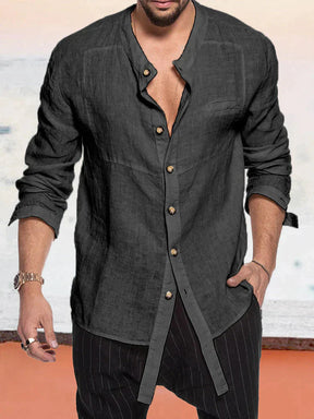 Stand Collar Linen Style Long Sleeve Shirt coofandystore Black M 