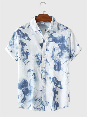 ethnic floral short-sleeved shirt coofandystore Blue M 