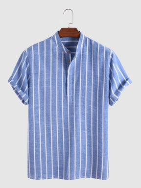 Coofandy Linen Striped Short Sleeve Shirt coofandystore Blue M 