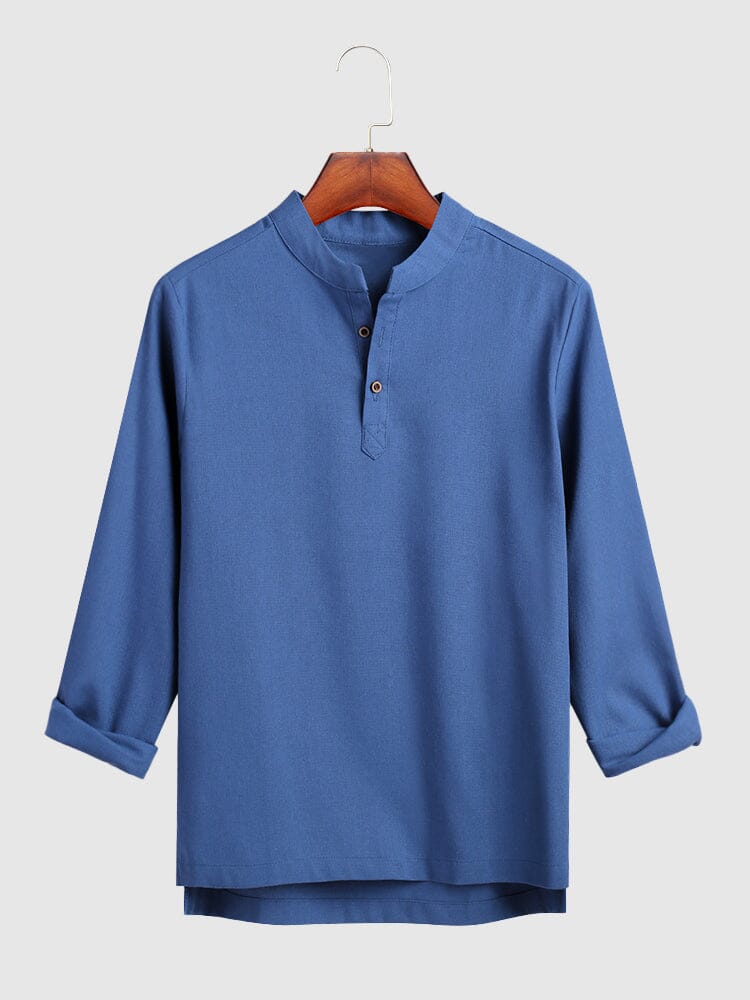 Loose V Neck Linen Shirt Shirts coofandystore Blue M 