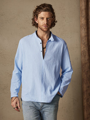 Solid Cotton Linen Stand Collar Beach Casual Shirt