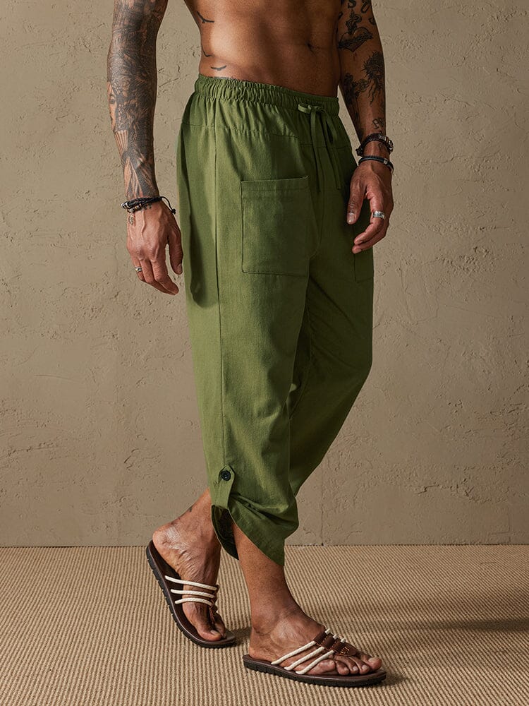 Linen Style Button Hem Capri Pants Pants coofandystore Army Green S 