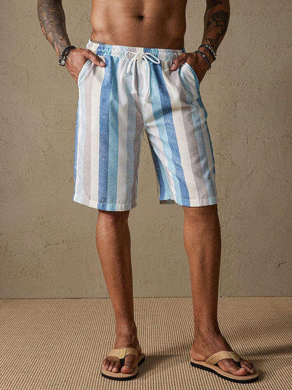 Stripe Drawstring Cotton Linen Beach Shorts Shorts coofandystore Clear Blue S 