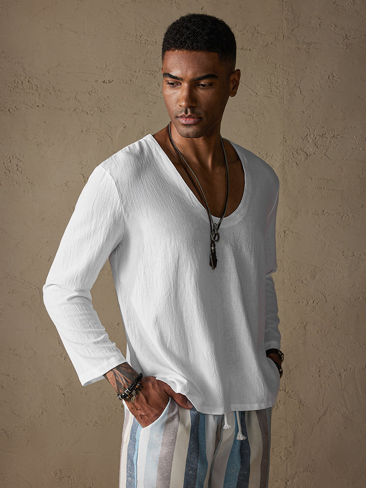 Casual Loose Fit Solid V-neck Cotton Linen Top