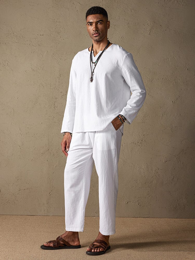 Cozy Solid Cotton and Linen Shirt Set Sets coofandystore White S 