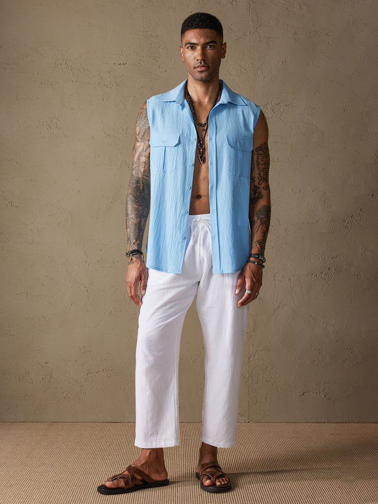 Cotton Linen Sleeveless Button Shirt with Pockets