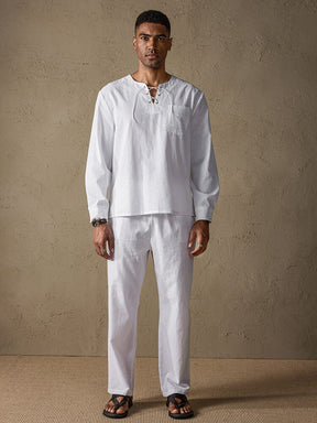Solid Color Long Sleeve Casual Cotton Linen Set Sets coofandystore 
