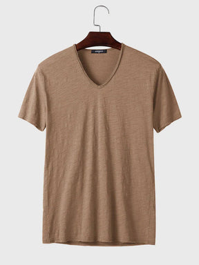 Cotton V-Neck Short Sleeve T-Shirt coofandystore Khaki S 
