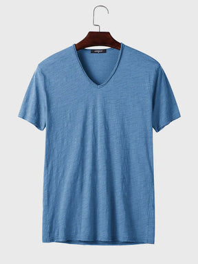 Cotton V-Neck Short Sleeve T-Shirt coofandystore Blue S 