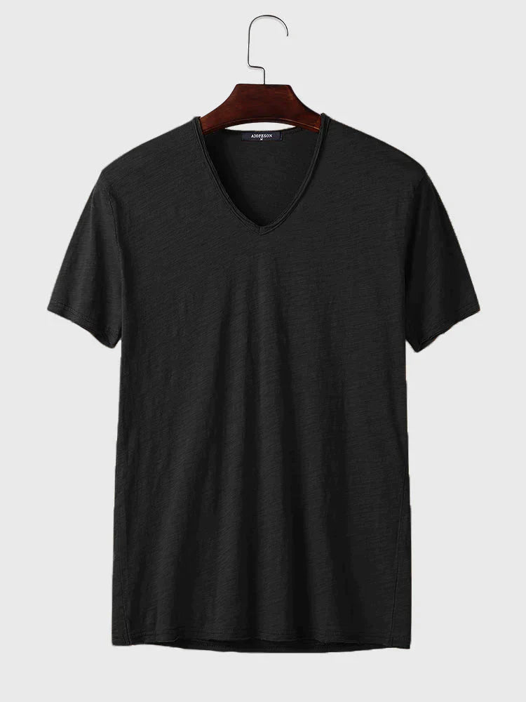 Cotton V-Neck Short Sleeve T-Shirt coofandystore Black S 
