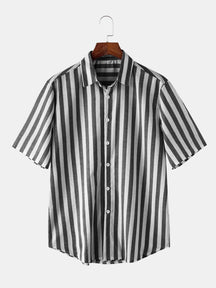 Striped Linen Short Sleeve Beach Shirt coofandystore Black M 