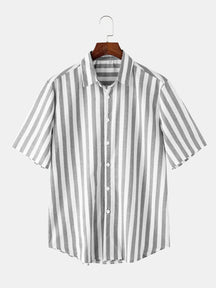 Striped Linen Short Sleeve Beach Shirt coofandystore Grey M 