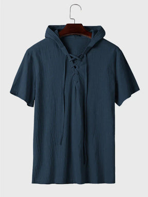 Short Sleeve Tie Hooded Shirt coofandystore Navy Blue S 