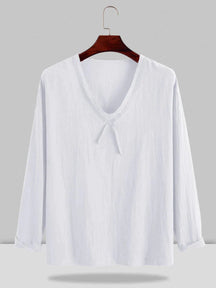 Linen Style V-neck Long-sleeved Shirt coofandystore White M 