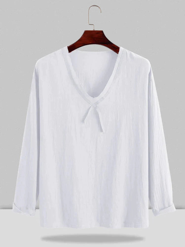Linen Style V-neck Long-sleeved Shirt coofandystore White M 