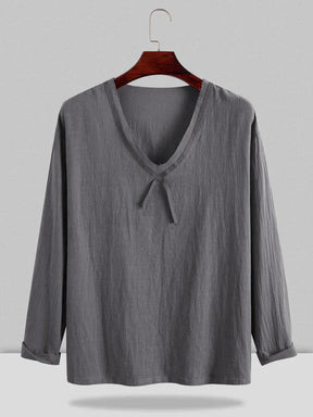 Linen Style V-neck Long-sleeved Shirt coofandystore Grey M 