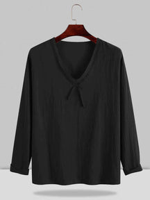 Linen Style V-neck Long-sleeved Shirt coofandystore Black M 