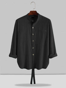 Stand Collar Linen Style Long Sleeve Shirt coofandystore Black M 