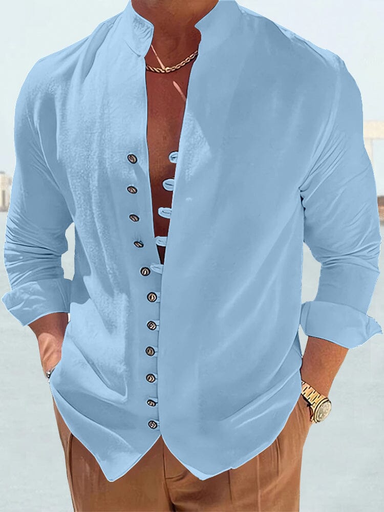 Cotton Linen Long Sleeve Solid Shirt Shirts coofandystore Blue M 