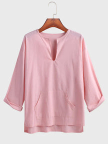 Cotton Style Three Quarter Sleeves Shirt coofandystore Pink M 