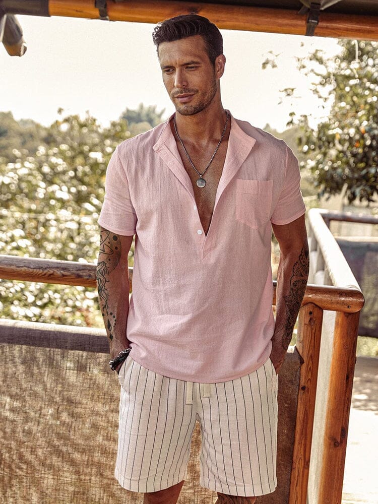 Linen Style Beach Button Shirts Shirts coofandy Pink M 