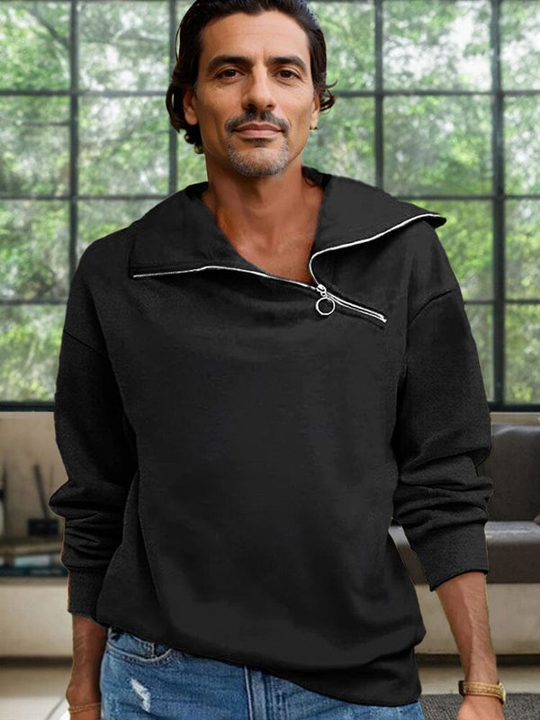 Stylish Slant Zipper Pullover Sweatshirt Sweatshirts coofandy Black M 
