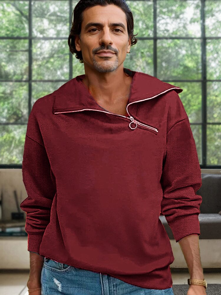 Stylish Slant Zipper Pullover Sweatshirt Sweatshirts coofandy Red M 