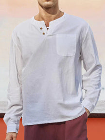 Two-button V-neck Linen Style Long-sleeved Shirt coofandystore White M 
