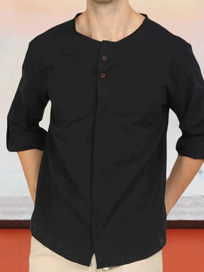 Linen Style Solid Color Long Sleeve Shirt coofandystore Black S 