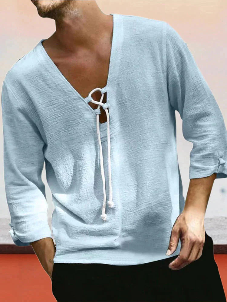 Cotton and Linen Style V-neck Breathable Rope Tee Shirt coofandystore 