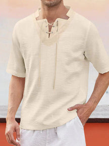 Short-sleeved Linen Style Tie Collar Shirt Shirts coofandystore Khaki S 