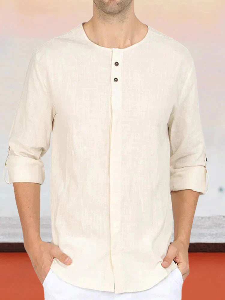Linen Style Solid Color Long Sleeve Shirt coofandystore Khaki S 