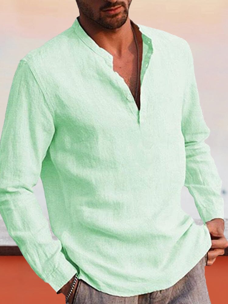 linen style long-sleeved casual shirt Shirts & Polos coofandystore Light Green S 