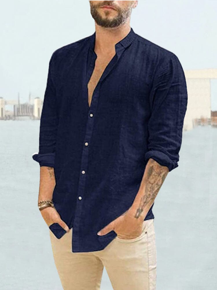 Coofandy Long Sleeve Linen Style Shirt Shirts coofandy Navy Blue M 