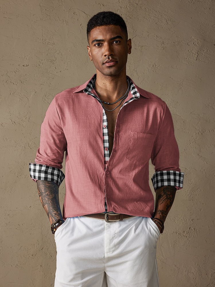 Coofandy Linen Style Long Sleeves Plaid Collar Shirt