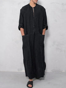Long Cotton Linen Style Slit Shirt Robe coofandystore Black S 