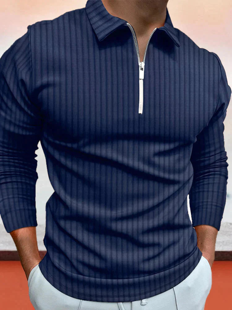 Coofandy Zipper Stripe Long Sleeve Polo Shirt Polos coofandy Navy Blue S 