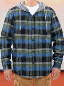 Flannelette Plaid Long Sleeve Hooded Jacket coofandystore Blue M 