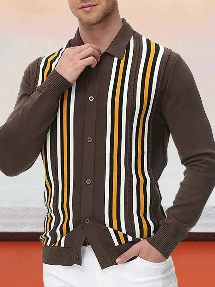 Lapel Striped Knit Long Sleeve Sweater coofandystore 