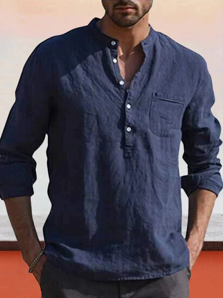 V-neck beach linen style Long-sleeved shirt Shirts & Polos coofandystore Navy Blue S 