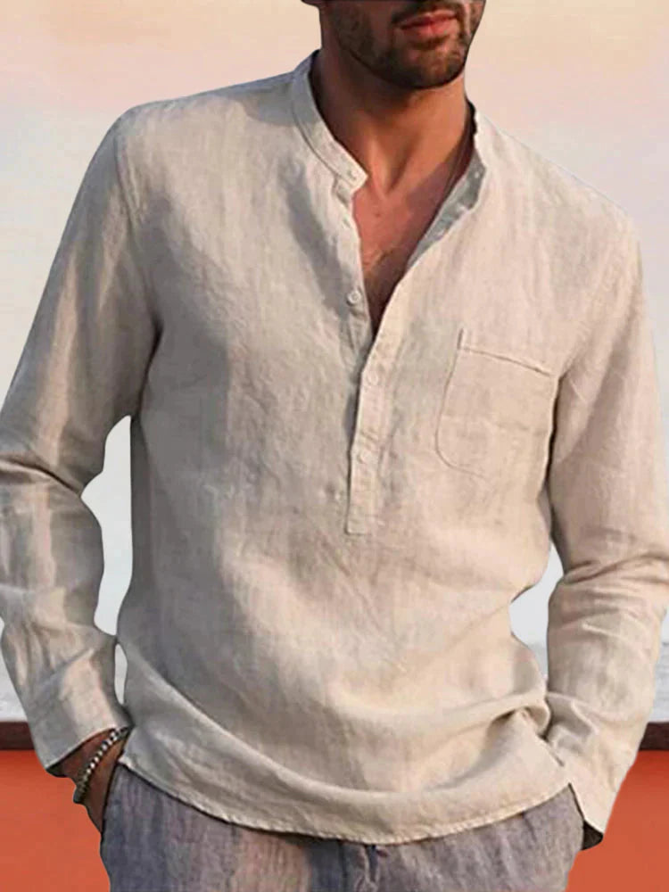 V-neck beach linen style Long-sleeved shirt Shirts & Polos coofandystore Khaki S 