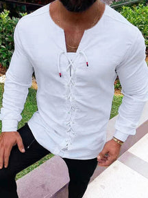 Cotton Linen Style Round Neck Laced Long Sleeve Shirt Shirts & Polos coofandystore White M 