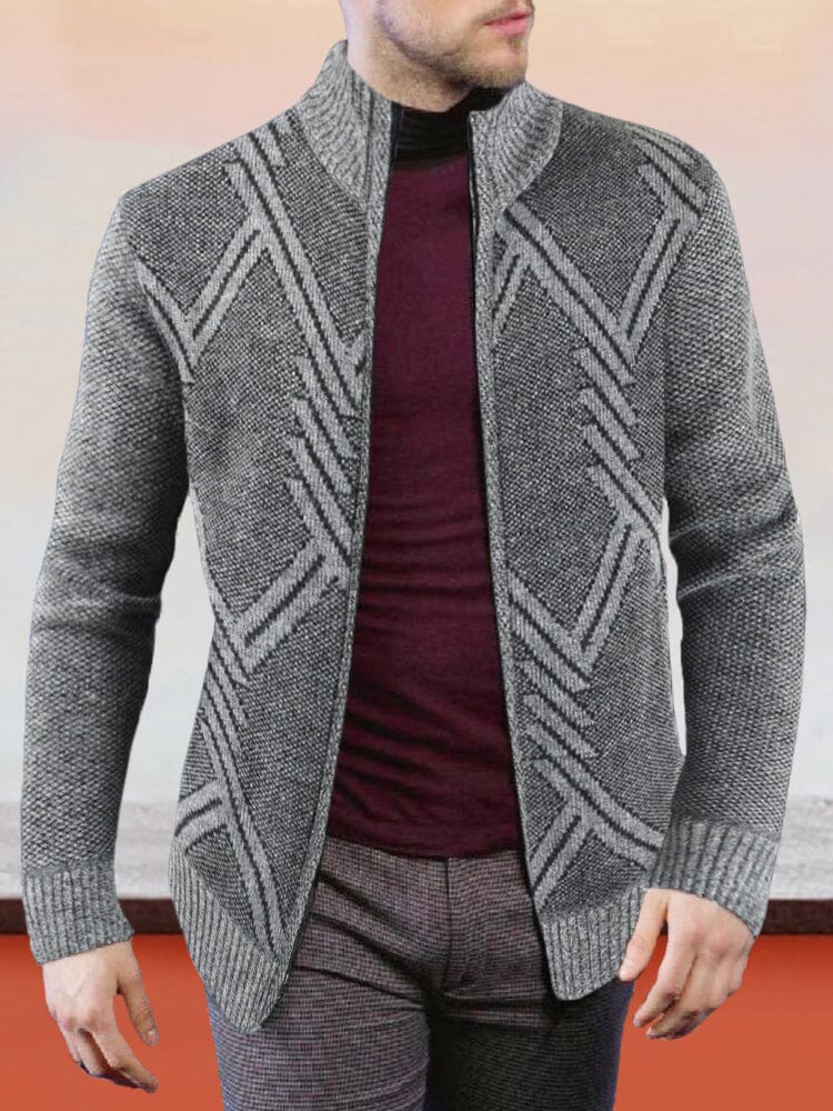 Stand Collar Geometric Printed Sweater Jacket Coat coofandystore Light Grey M 