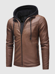 Slim Fit Hooded Leather Coat Coat coofandystore Coffee M 