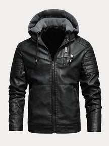Zipper Pocket Hooded Leather Jacket Jackets coofandystore Black L 