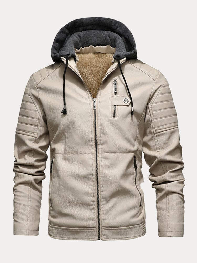 Zipper Pocket Hooded Leather Jacket Jackets coofandystore Grey L 