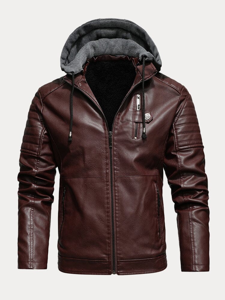 Zipper Pocket Hooded Leather Jacket Jackets coofandystore Red L 