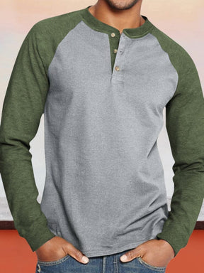 Color Blocking Round Neck Button Long Sleeve Henley Shirt T-Shirt coofandystore Army Green M 