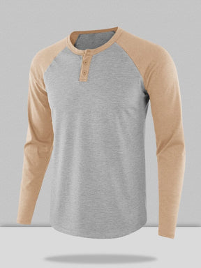 Color Blocking Round Neck Button Long Sleeve Henley Shirt T-Shirt coofandystore 